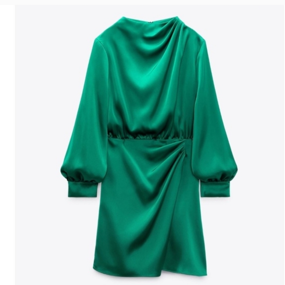 Zara Green Satin Long Sleeve Mini Dress